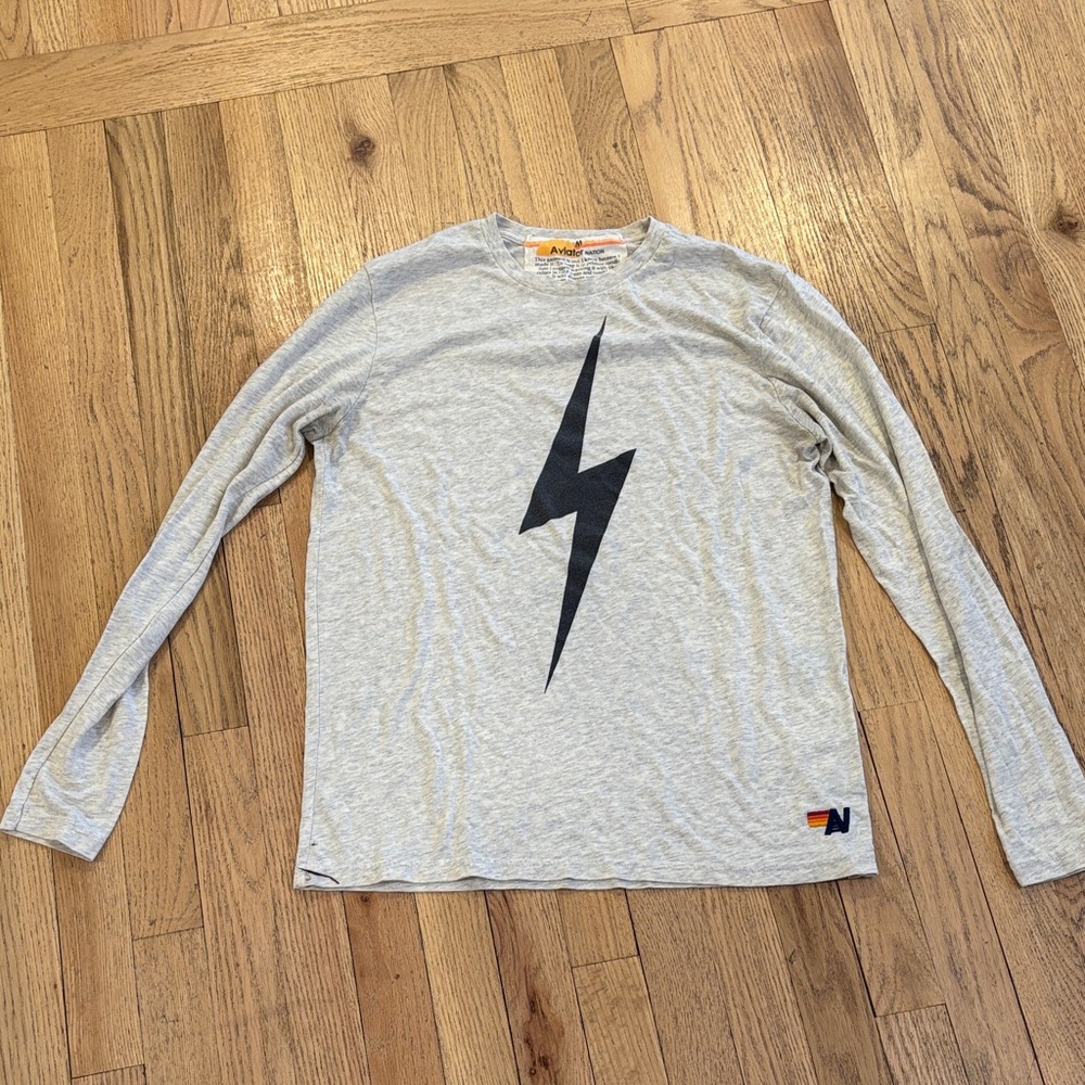 Aviator Nation Gray Long Sleeve Shirt with Black Lightning Bolt